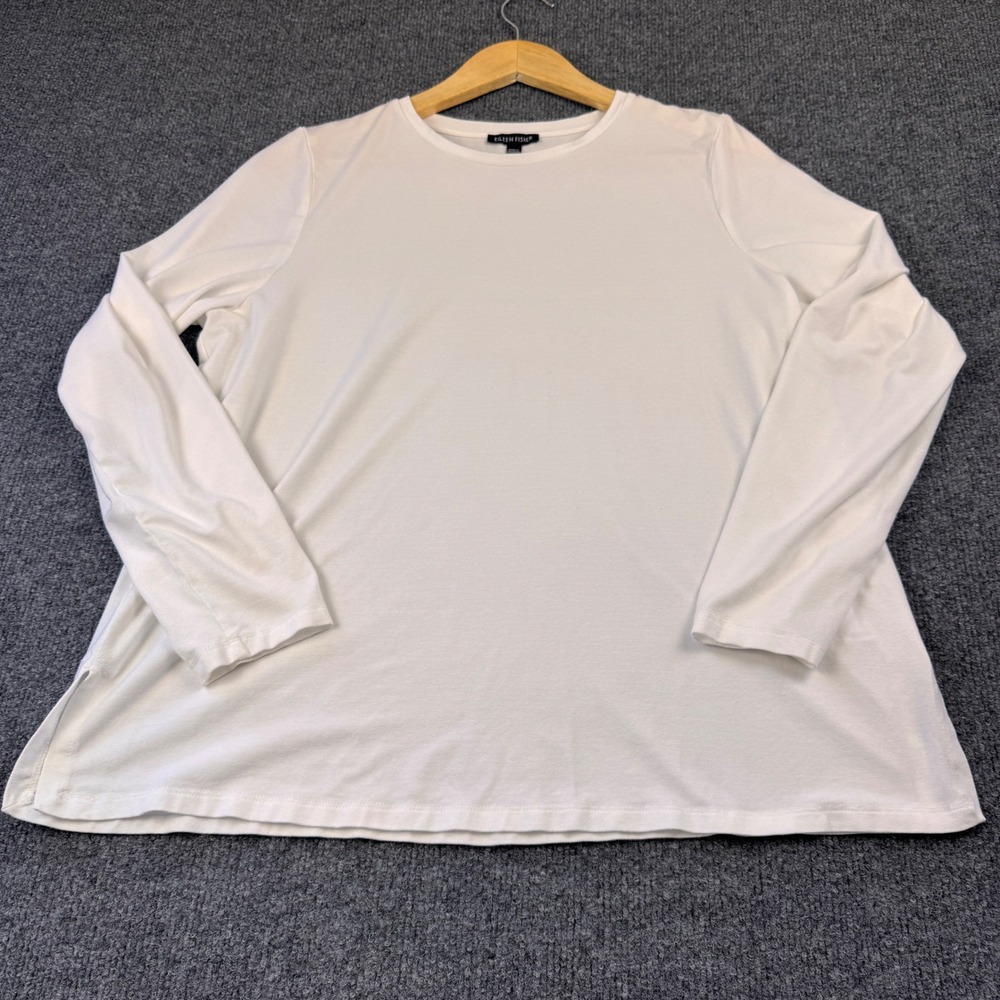 Eileen Fisher Long Sleeve Top Women Large White Excellent Tencel Stretch Slits
